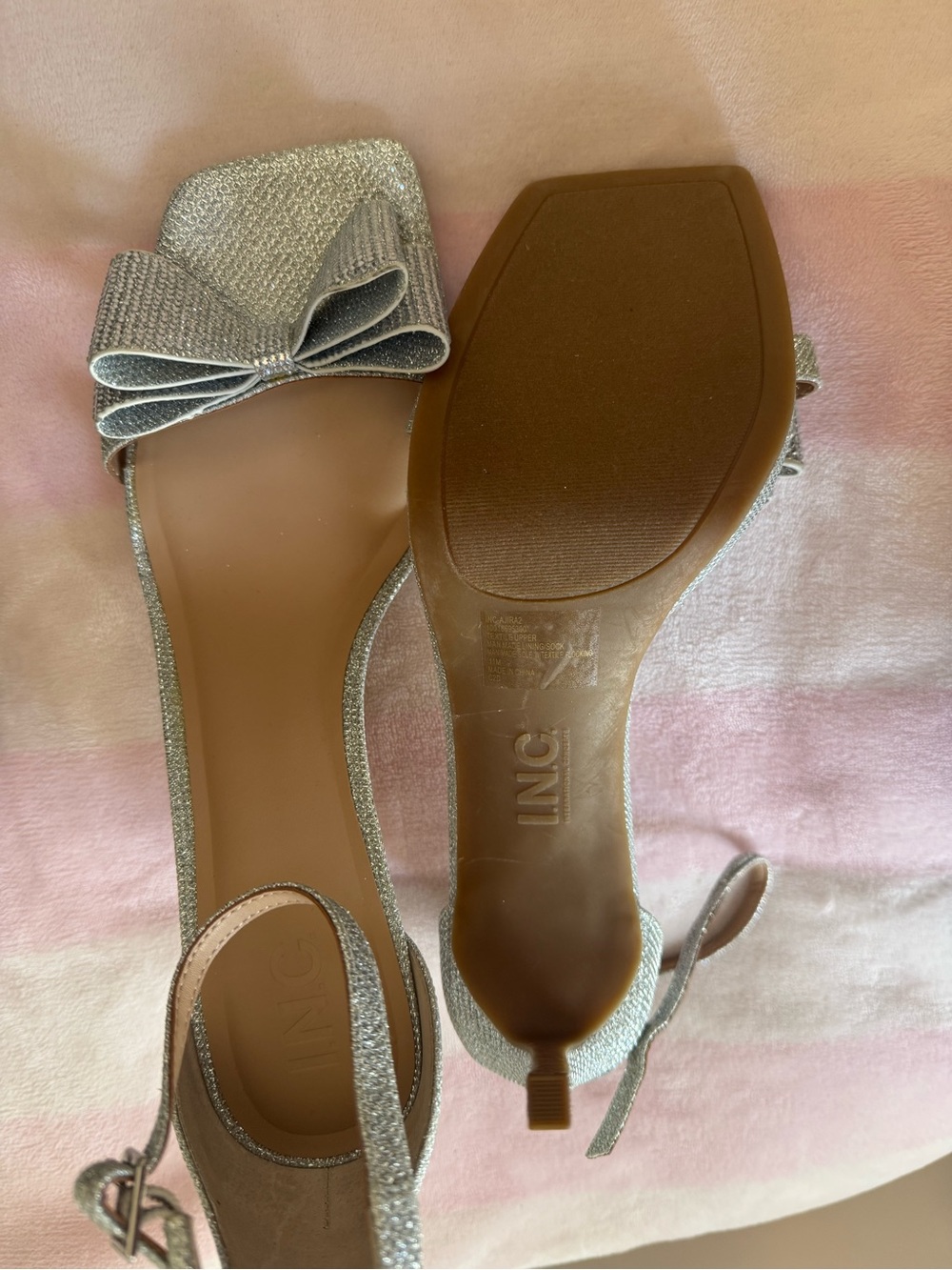 INC International Concepts Silver Glitter Bow Ankle-Strap Heels with Open Toe - Picture 2 of 5